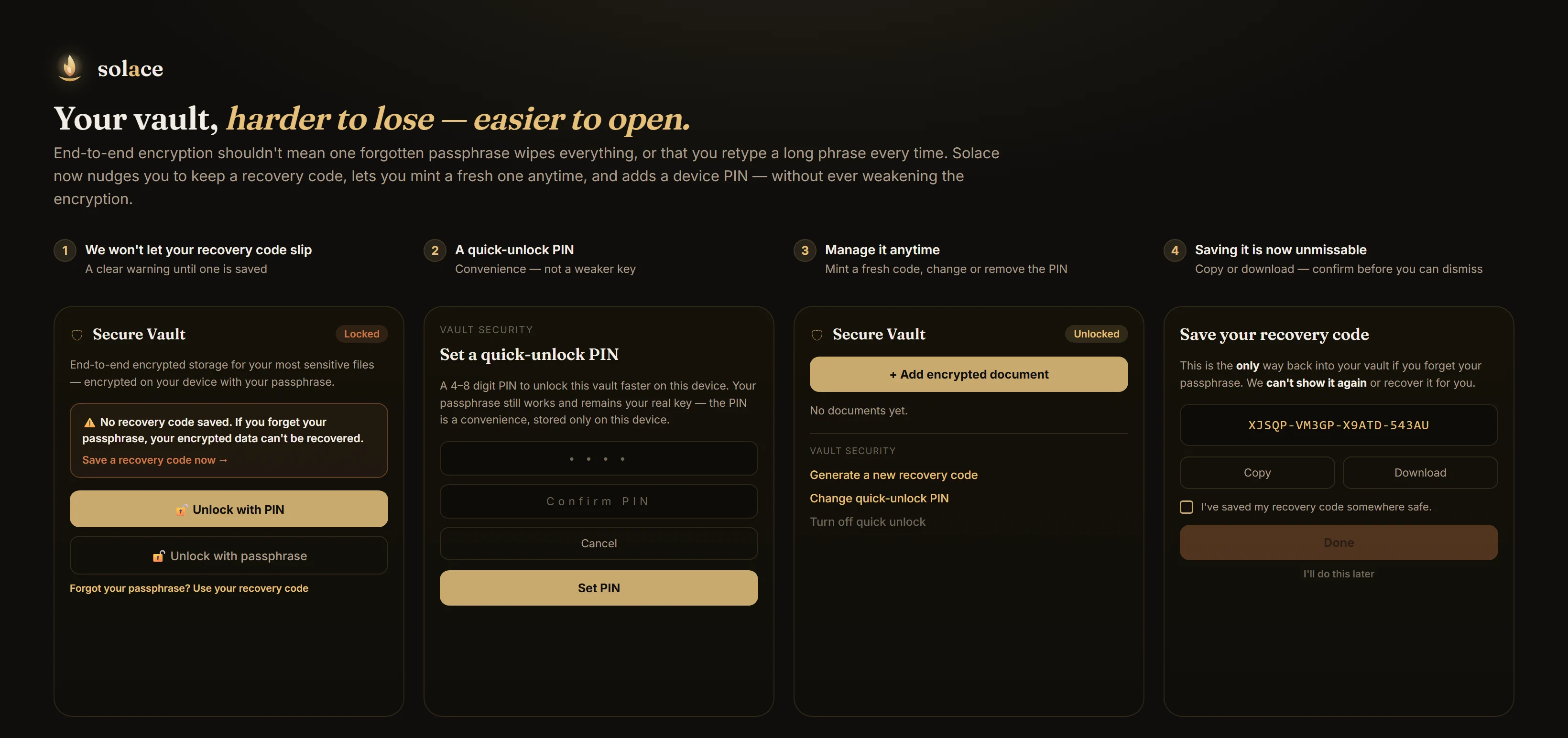 Vault recovery and quick-unlock: recovery-code warning, device PIN, manage controls, and the hardened save-your-code step