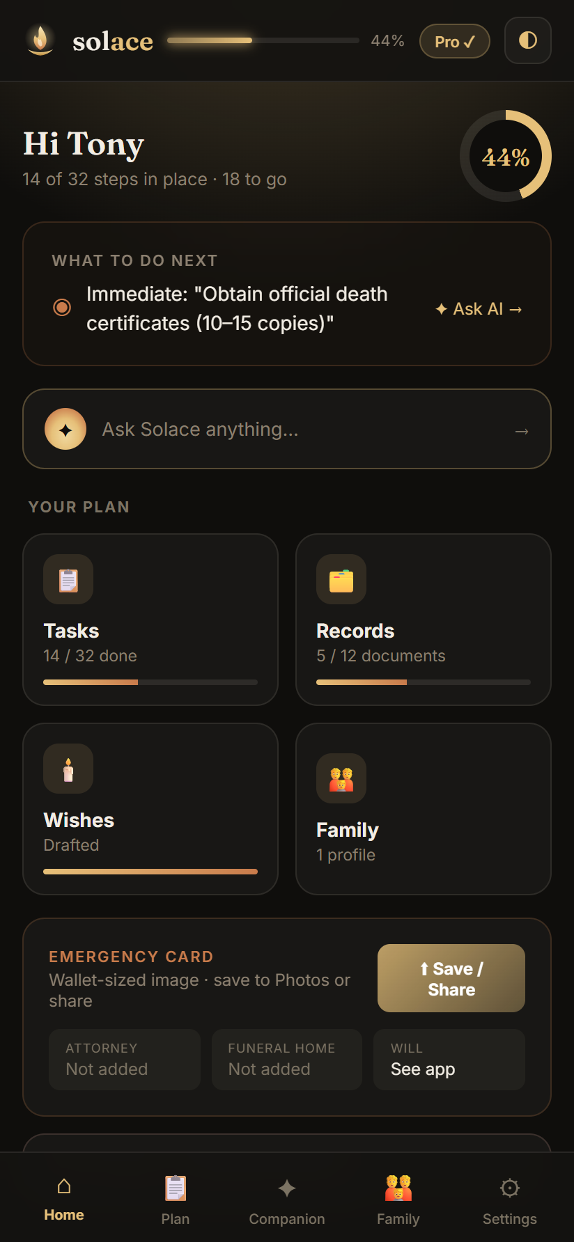 Solace home dashboard