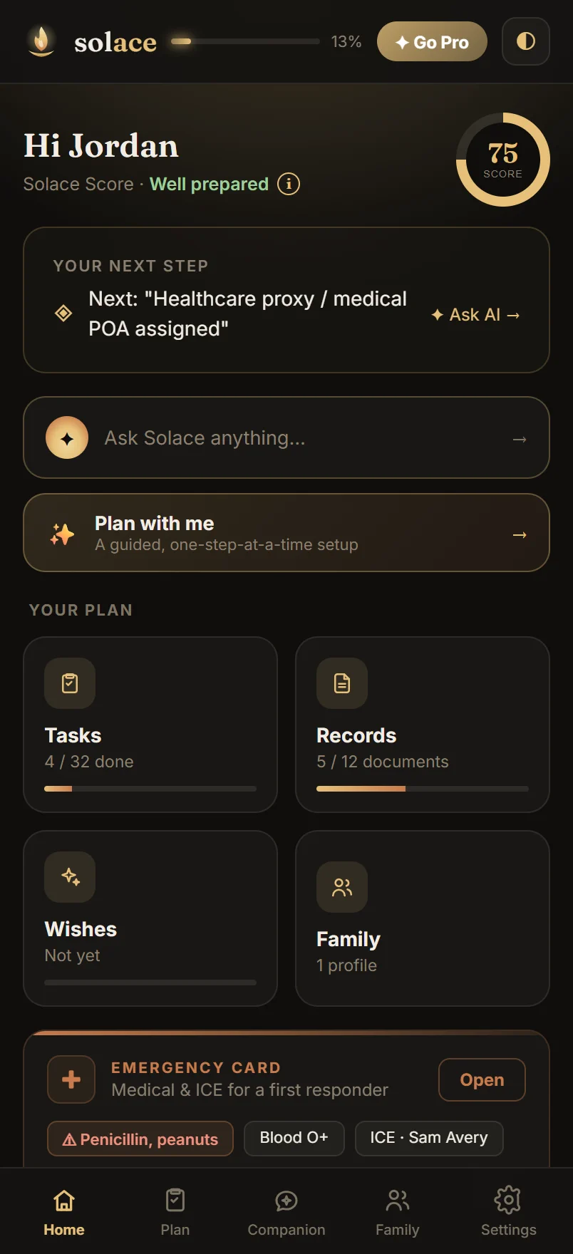 Solace home dashboard