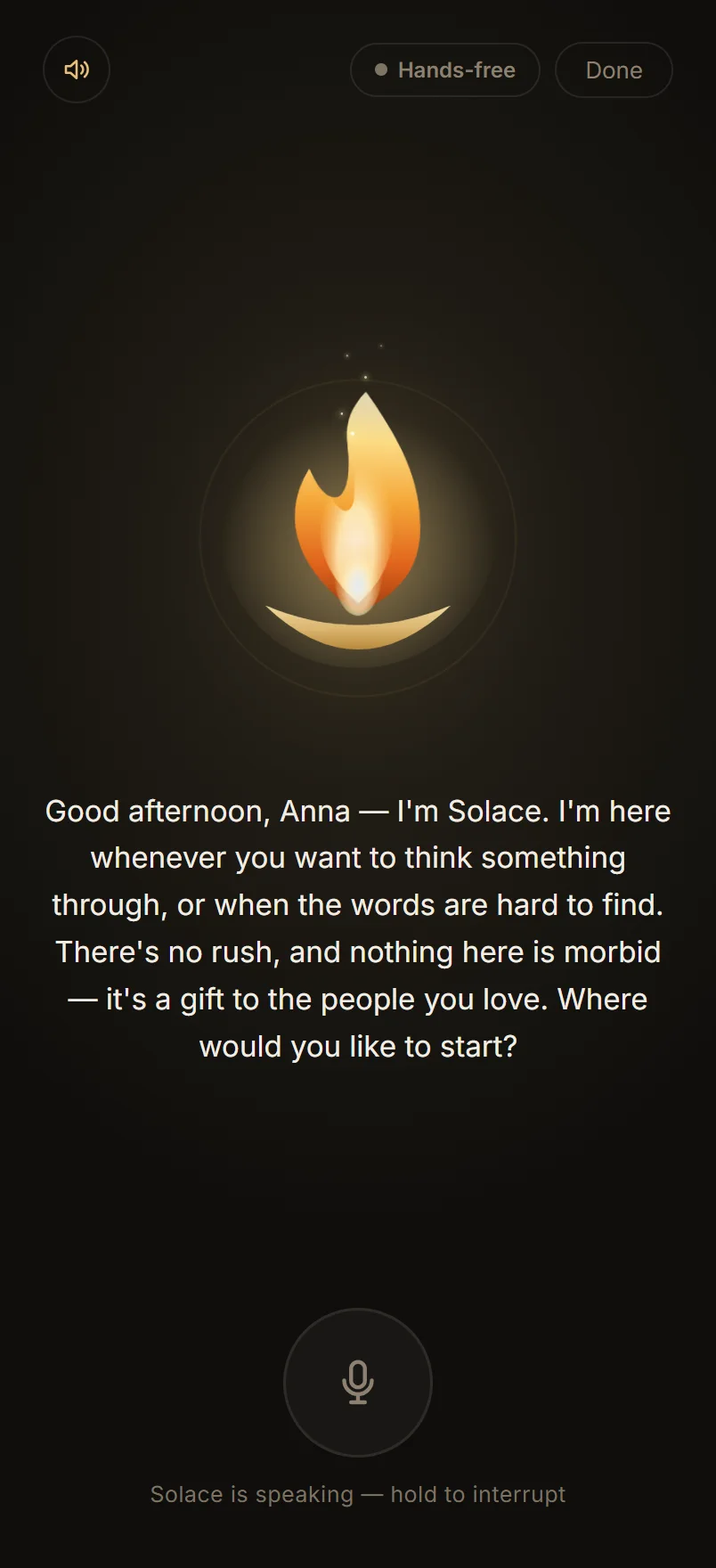 The voice scene — a living flame while Solace speaks